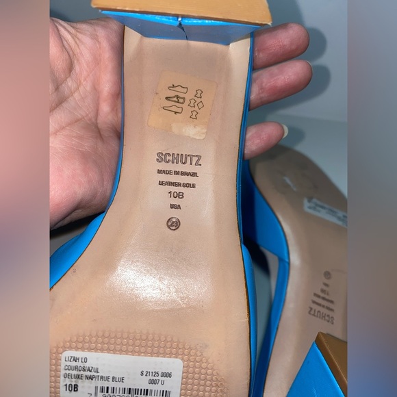 SCHUTZ Liza Lo Leather Azure Women's Vibrant Blue Heeled Slides - Picture 9 of 9